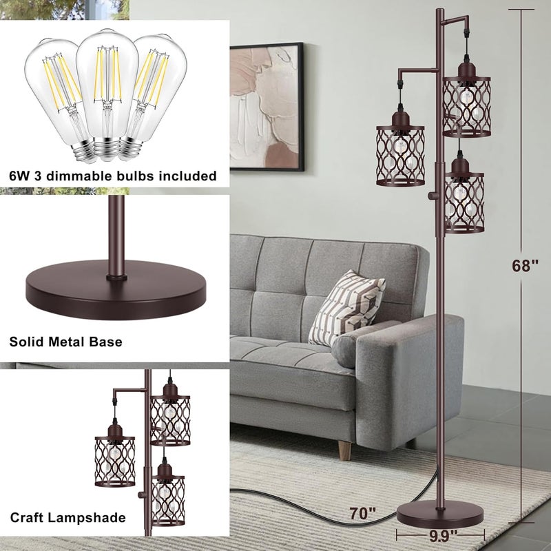 Rottogoon 68" Farmhouse Floor lamp, Dimmable Industrial Floor Lamps for Living Room, 3 Light Rustic Standing Tall Lamp Including 3 PCS 6W E26 Bulbs, Tree Floor Lamp for Bedrooms Room, Office, Bar, Brown - Image 3
